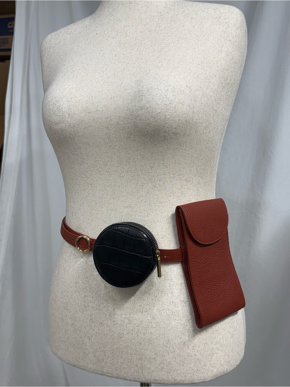 Cuyana Convertible Belt Bag in Rust Red with Black Coin Pouch